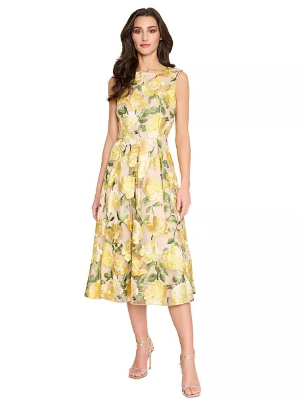 Tahari ASL Women's Yellow Floral Embroidered A line Midi Dress